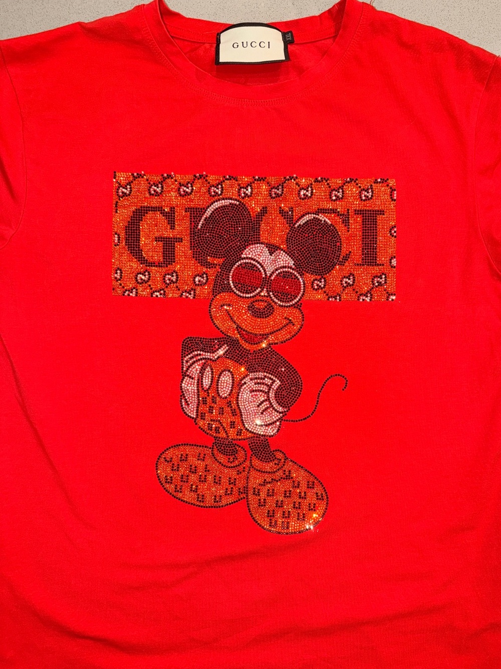Gucci Kids Red Graphic Mickey Logo Tee with Rhinestone or Ladies Small Size.